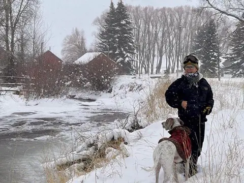 A person and a dog standing by a snow-covered stream in winter.