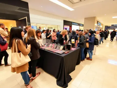 People gathered around a table in an indoor shopping mall.