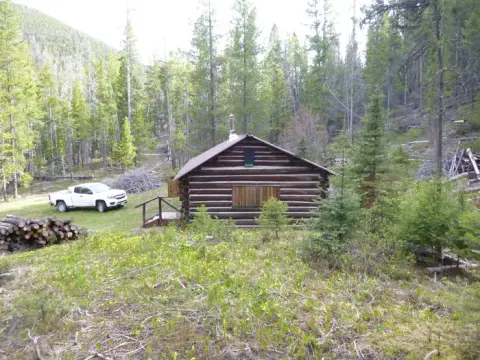 A log cabin sits in a clearing surrounded by a pine forest.