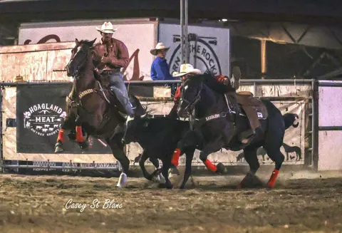 Cowboys on horseback herd a steer in an arena.