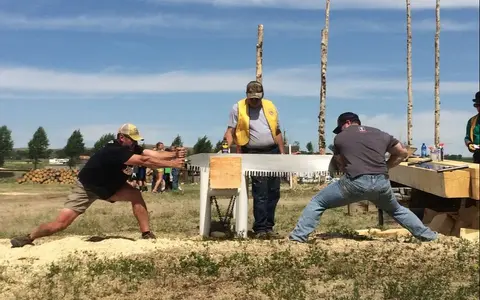 Two men use a large crosscut saw to cut through a log outdoors.