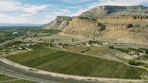 An aerial view of a valley with farmlands, vineyards, roads, and a large mountain ridge in the background.