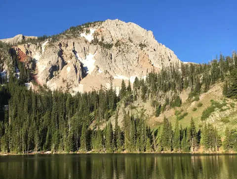 A scenic view of a mountain with snow patches, a pine forest, and a lake.
