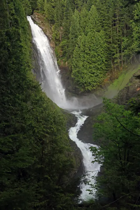 A tall waterfall cascading through a lush green forest.