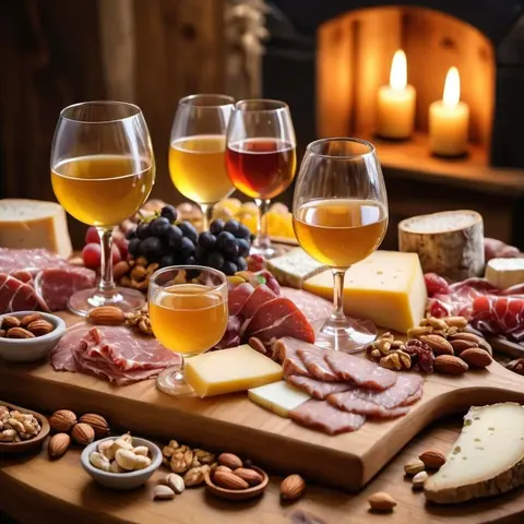 A wooden board filled with various cheeses, cured meats, grapes, nuts, and glasses of wine.