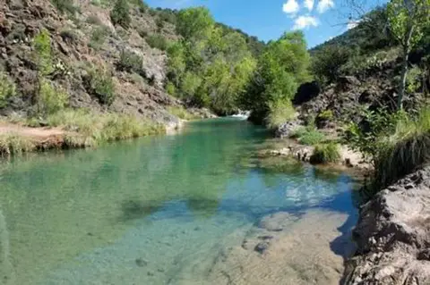 A clear turquoise river flowing through a rocky landscape with green trees and bushes.