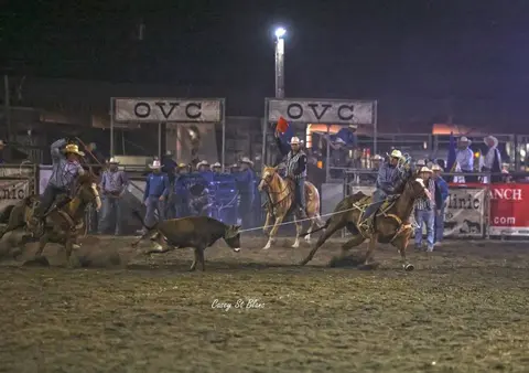 Cowboys on horseback participate in a rodeo event at night.