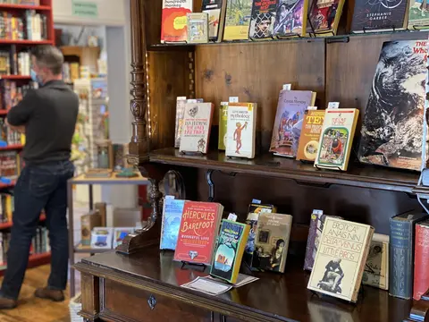 A person browsing in a bookstore with wooden bookshelves displaying various books.