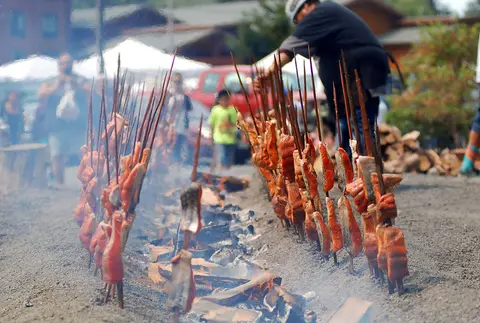 Salmon fillets are cooked on stakes over an open fire outdoors.