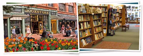 Two photos showing the exterior and interior of a bookstore.