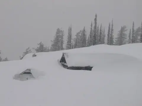 A snow-covered cabin and outhouse in a snowy landscape with pine trees.