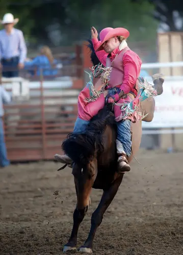 A cowboy rides a bucking horse in a rodeo arena.