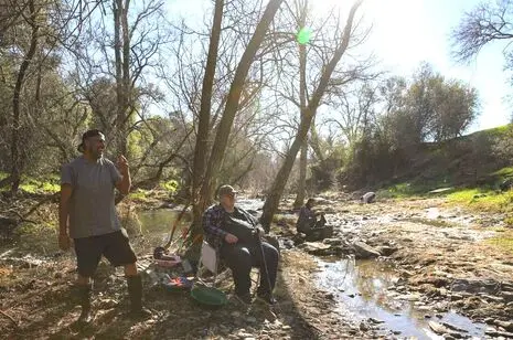 People enjoy a sunny day by a small creek with bare trees.