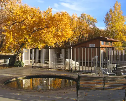 An outdoor pool and hot tub surrounded by autumn trees and a metal fence.