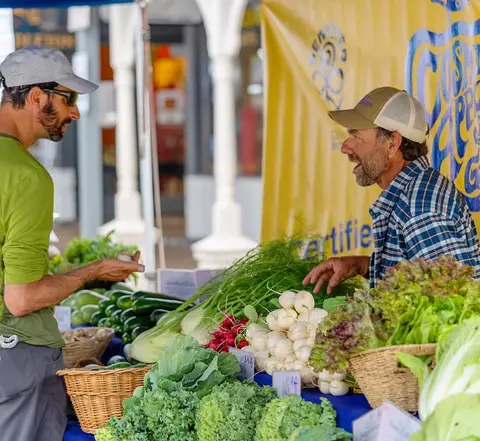 A vendor interacts with a customer at a fresh vegetable market stall.