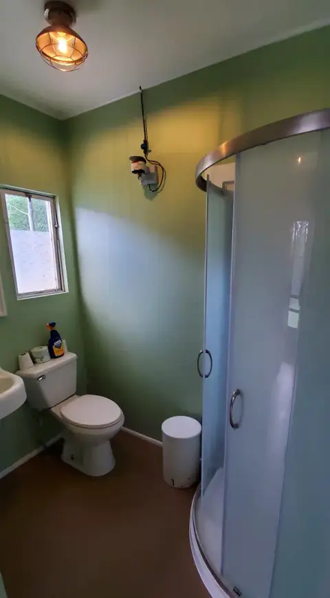 A bathroom features green walls, a toilet, a shower, and a small window.