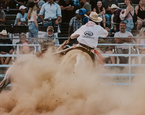 A cowboy rides a bucking horse in a dusty arena while spectators watch from the stands.