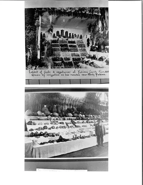 An old photograph showing an agricultural exhibit of fruits and vegetables.