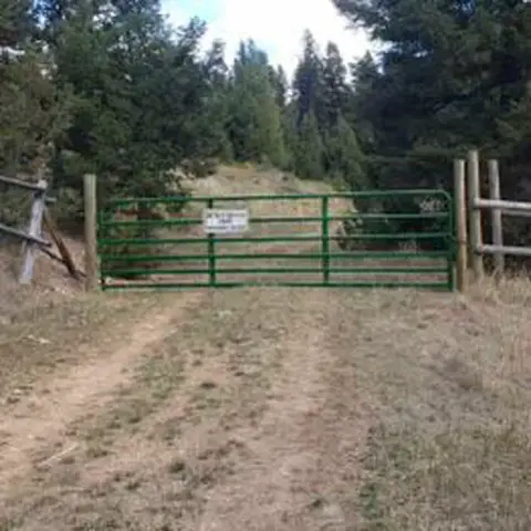 A green metal gate blocks a dirt path in a wooded area.