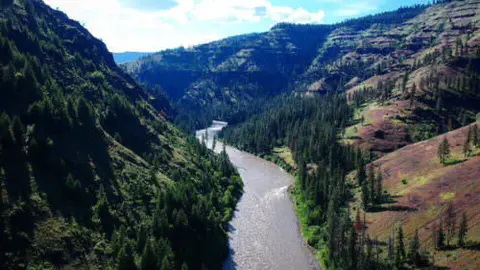 A river flows through a steep, forested canyon.