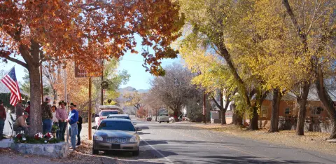 A street scene with autumn trees, parked cars, and people gathered under a tree with an American flag.