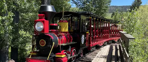 A red and black train travels along tracks outdoors surrounded by trees.