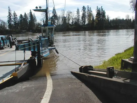Canby Ferry docked at landing ramp.