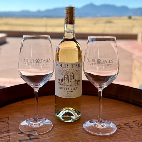 A bottle of wine and two wine glasses stand on a wooden surface outdoors.