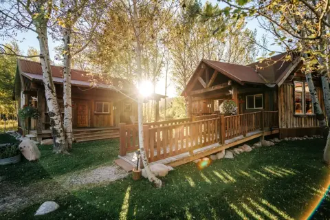 Wooden cabins stand amongst trees with sunlight filtering through the branches.
