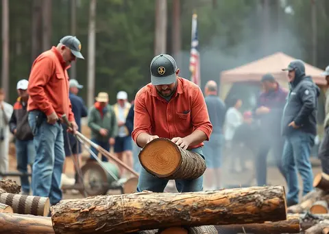 A man handles a cut log outdoors during an event with other people watching.