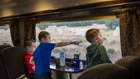Children looking out of a train window at the landscape.