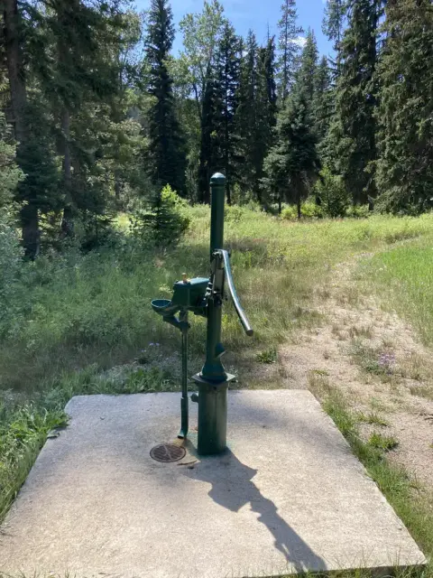 A green water pump stands on a concrete pad in a wooded area.