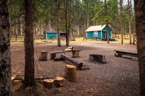 A couple of green cabins in a forest with a campfire area in the foreground.