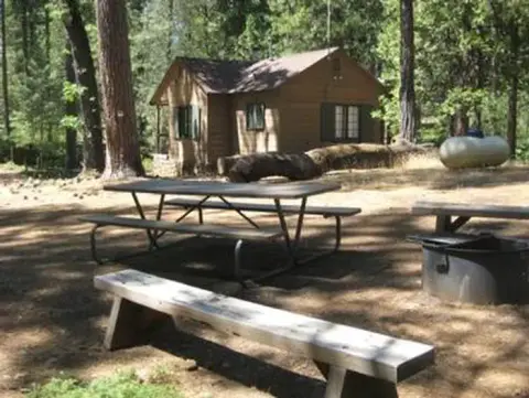 A wooden cabin sits in a clearing surrounded by trees, with picnic tables in the foreground.