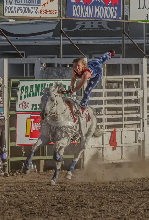 A rider performs a stunt on a white horse in an arena.