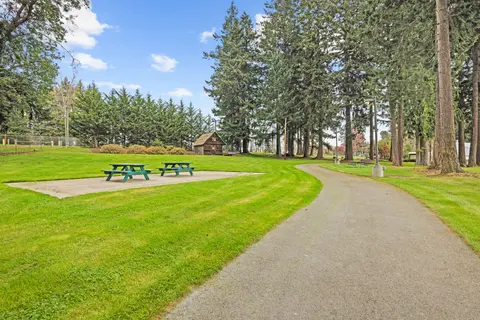A paved path curves through a park with a green lawn, picnic tables, and tall trees.