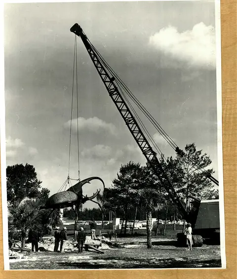 A crane lifts a large beetle statue outdoors while people watch.