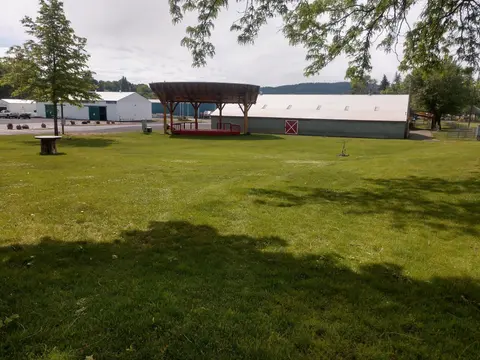 An outdoor grassy area with a bandstand and buildings in the background.