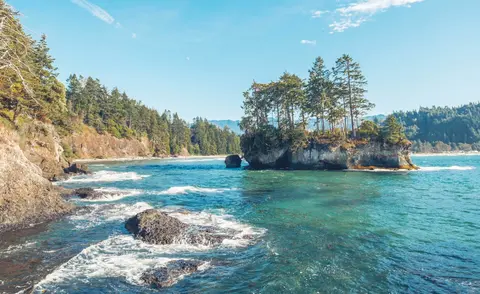 A small tree-covered island sits in turquoise coastal waters near a rocky shore.
