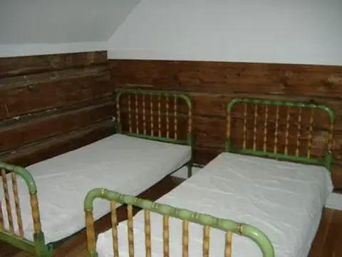 Two twin beds are set up inside a rustic room with wooden walls.