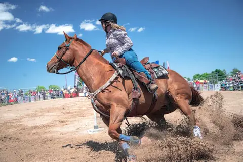 A person riding a horse kicking up dirt in an arena.