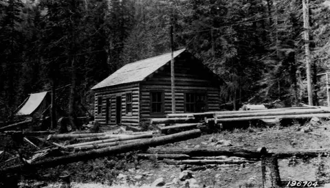 Black and white historic photo showing a log cabin nestled in a forest surrounded by felled trees and a tent.