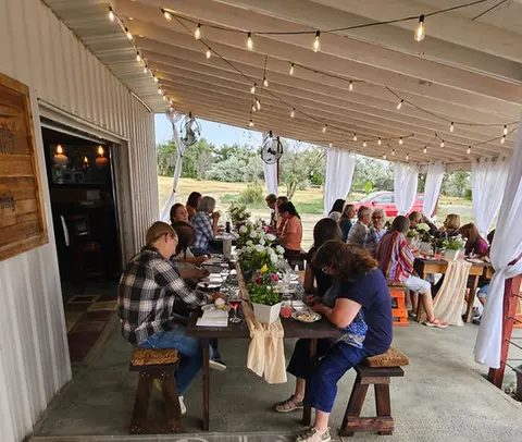 People seated at long tables eating and drinking on an outdoor patio.