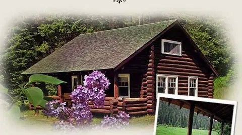 A log cabin surrounded by trees with purple flowers in the foreground.