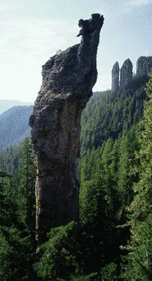 A tall rock pillar rises above a forested mountain slope.