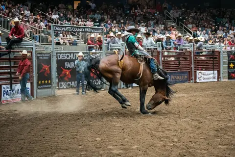 A cowboy rides a bucking horse at a rodeo arena in front of a large crowd.