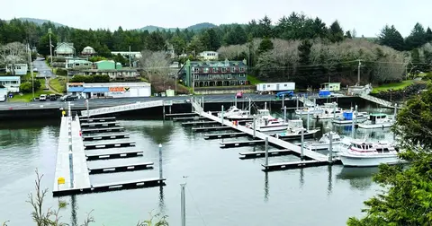 A marina with boats docked along piers and buildings along the shore.