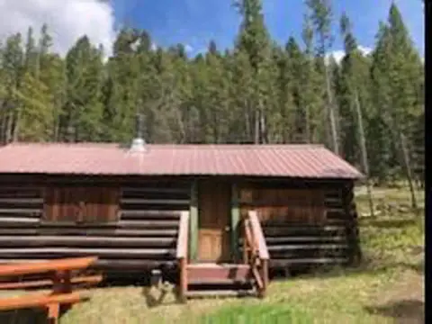 A log cabin sits in front of a dense forest.