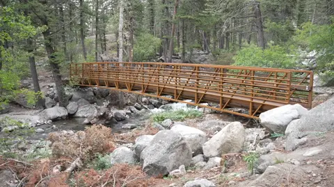 A metal bridge spans a rocky stream in a forest.