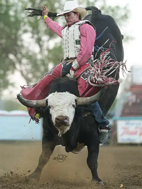A cowboy rides a bucking bull during a rodeo event.
